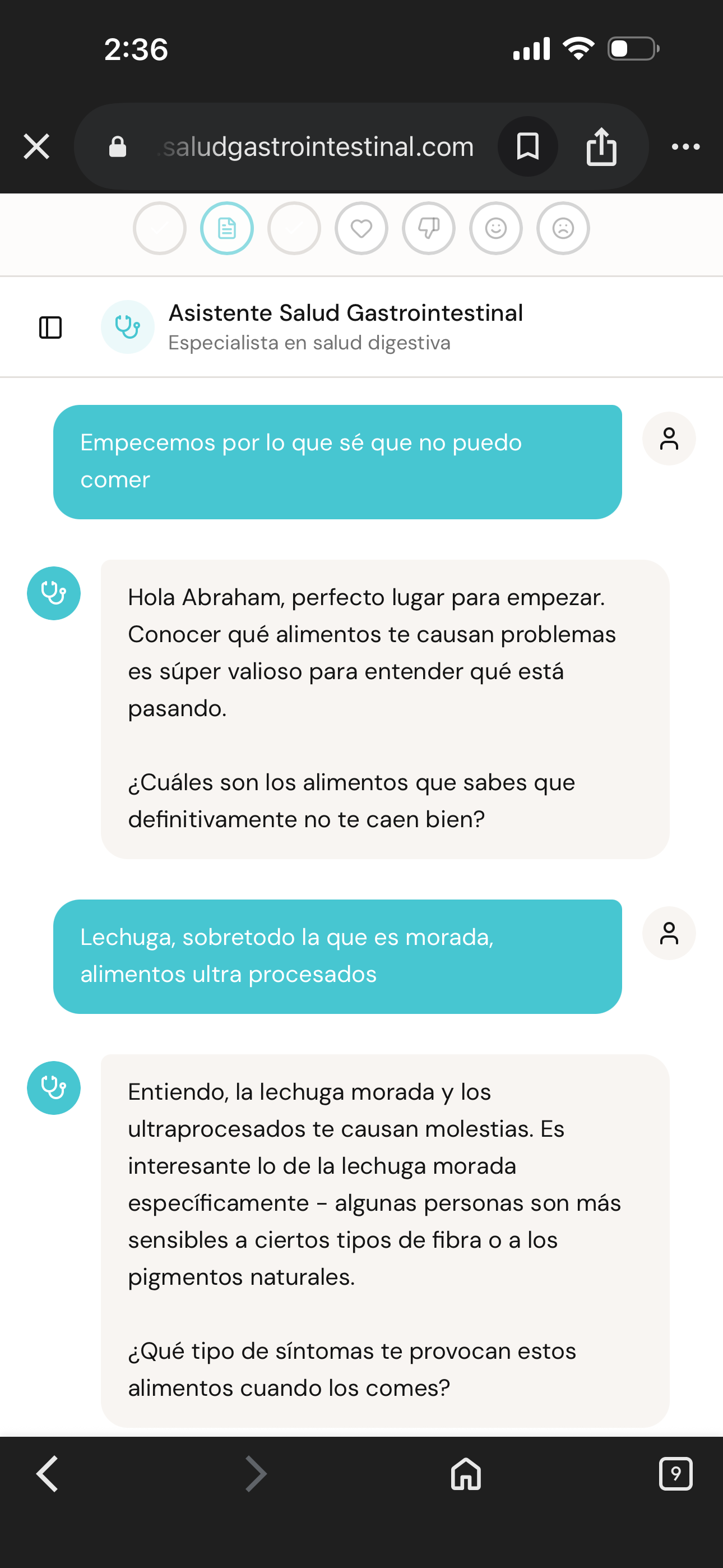 Vista previa del asistente de Salud Gastrointestinal